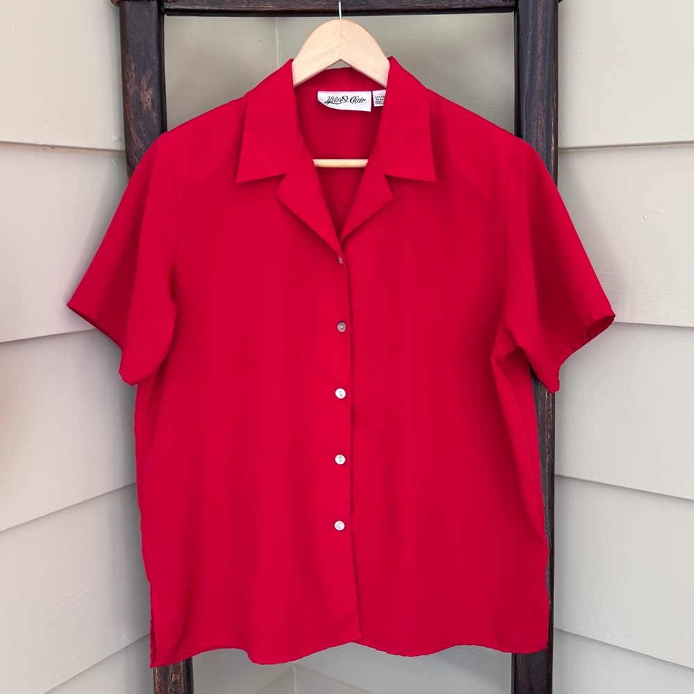 VTG Yves St. Clair Button-Up Blouse Collared Red Womens Size 10 Short Sleeve